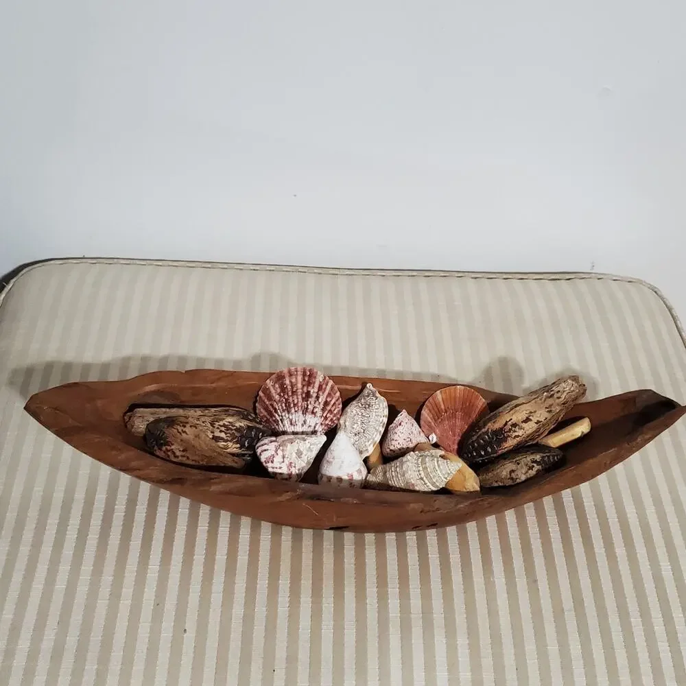 Hand Carved Boat Shaped Teak Wood Bowl Rustic Centerpiece with Filler 18